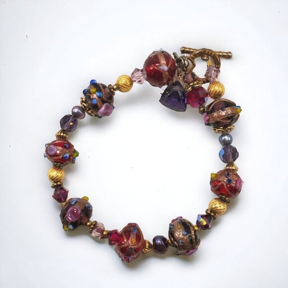 Artisan Wedding Cake Glass Bead Bracelet 22k Gold Filled Hand Blown Toggle Clasp - Picture 2 of 16